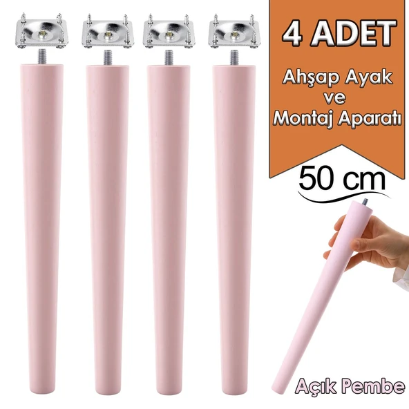 4 Adet Ahşap Ayak 50 Cm Açık Pembe M8 Civatalı Bağlantı Aparatlı Mobilya Tabure Sehpa Masa Destek Ayağı ürün görseli 1