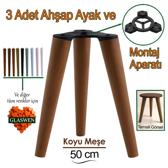 3 Adet Ahşap Ayak 50 Cm Koyu Meşe M8 Civatalı Bağlantı Aparatlı Mobilya Tabure Sehpa Masa Destek Ayağı ürün görseli 1