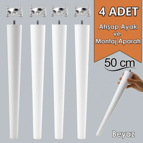 4 Adet Ahşap Ayak 50 Cm Beyaz M8 Civatalı Bağlantı Aparatlı Mobilya Tabure Sehpa Masa Destek Ayağı ürün görseli 1