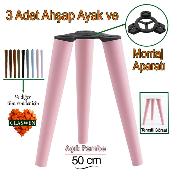 3 Adet Ahşap Ayak 50 Cm Açık Pembe M8 Civatalı Bağlantı Aparatlı Mobilya Tabure Sehpa Masa Destek Ayağı ürün görseli 1
