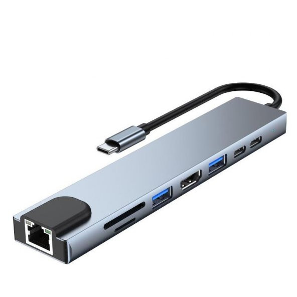 PrimeX PX-U520 4K30Hz Gri Metal Type-C to 4K HDMI+USB 3.0+RJ45+SD Kart+PD şarj Çevirici Adaptör ürün görseli 1