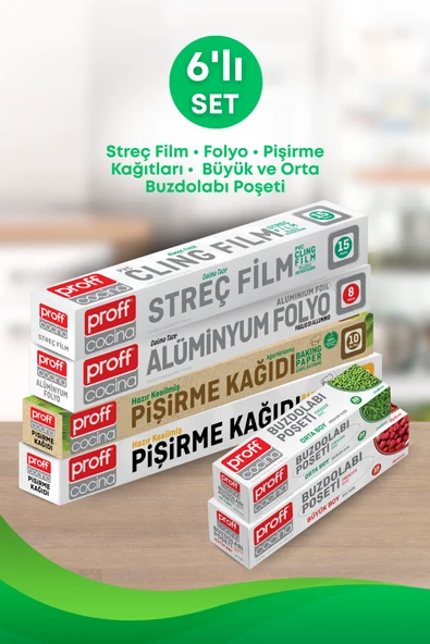 6 Lı Eko Paket- Pişirme Kağıtları, Alüminyum Folyo, Streç Film, Orta ve Büyük Boy Buzdolabı Poşeti ürün görseli 1