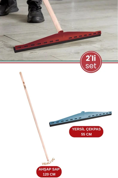 2’li Yersil ve Ağaç Sapı Temzlik Seti, Çekpas Çekçek Çeksil Yersil 55cm + Vidalı Ağaç Sap 120cm ürün görseli 1