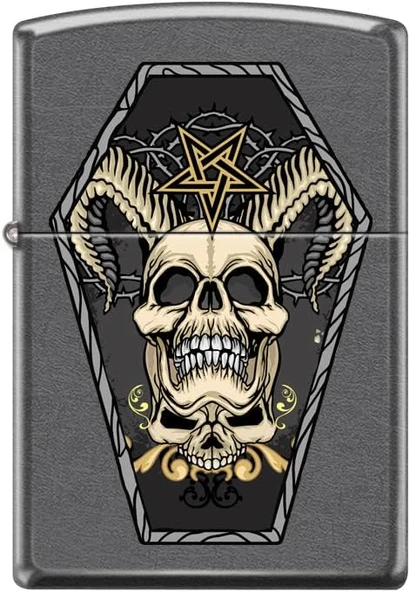 Zippo Horned Skull and Inverted Pentagram in Coffin - Classic Gray Dizayn Çakmak ürün görseli 1