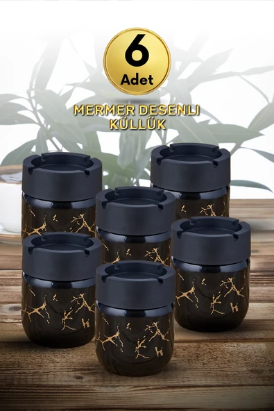 6 Adet Siyah Bronz Mermer Desenli Dekoratif Cam Kokusuz Küllük Kül Tablası Seti 425 Cc ürün görseli 1