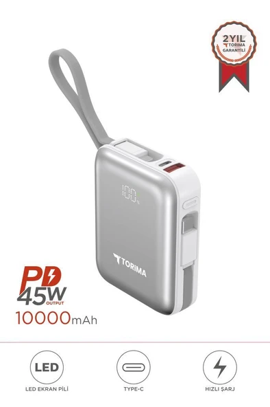Taşınabilir Batarya 10000 Mah Type-C Lightning Hızlı Şarj Dijital Göstergeli 45W Powerbank TRM-1018 Beyaz ürün görseli 1