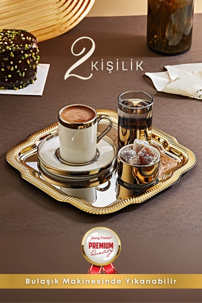 2 Kişilik Tepsili Gold Porselen Fincan Seti Damat Kahvesi-Söz Nişan Türk Kahvesi Kahve Fincanı ürün görseli 1