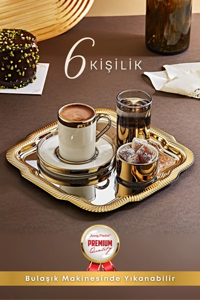 6 Kişilik Tepsili Gold Porselen Fincan Seti Damat Kahvesi-Söz Nişan Türk Kahvesi Kahve Fincanı ürün görseli 1
