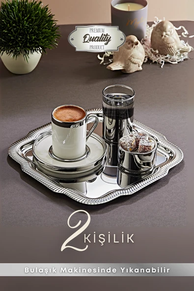 2 Kişilik Tepsili Gümüş Porselen Fincan Seti Damat Kahvesi-Söz Nişan Türk Kahvesi Kahve Fincanı ürün görseli 1