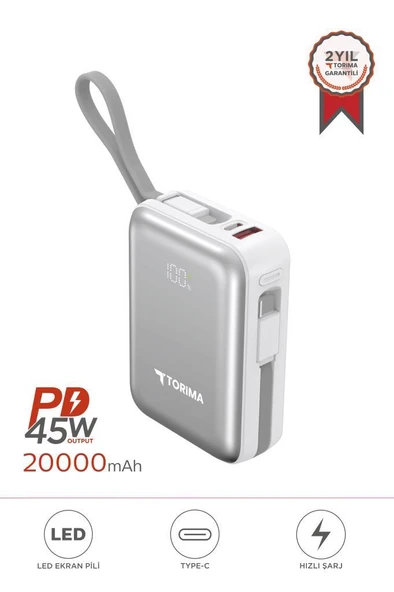 Torima TRM-1028 Beyaz 20000 mAh Type-C Lightning 45 W Hızlı Şarj Dijital Göstergeli Powerbank ürün görseli 1