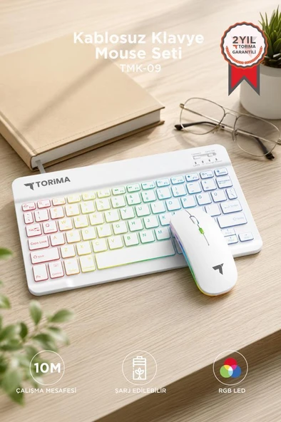 Kablosuz Klavye Mouse Seti Rgb Işıklı Şarj Edilebilir TMK09 Beyaz ürün görseli 1