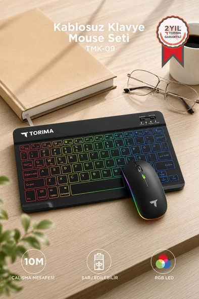 Kablosuz Klavye Mouse Seti Rgb Işıklı Şarj Edilebilir TMK09 Siyah ürün görseli 1