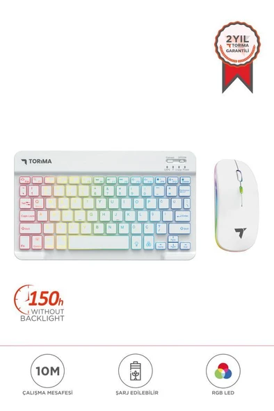 Kablosuz Klavye Mouse Seti Rgb Işıklı Şarj Edilebilir TMK09 Beyaz ürün görseli 1