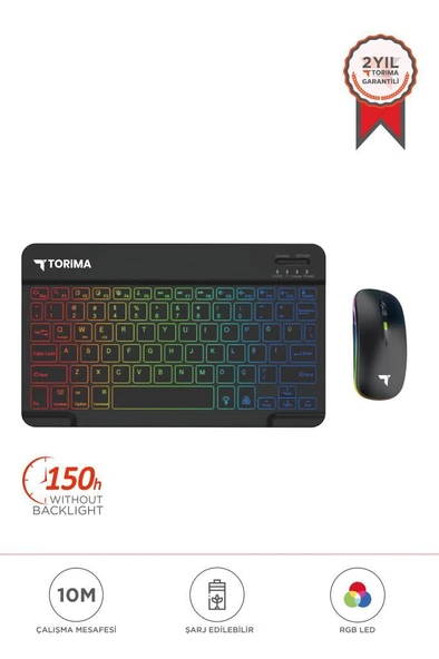 Kablosuz Klavye Mouse Seti Rgb Işıklı Şarj Edilebilir TMK09 Siyah ürün görseli 1