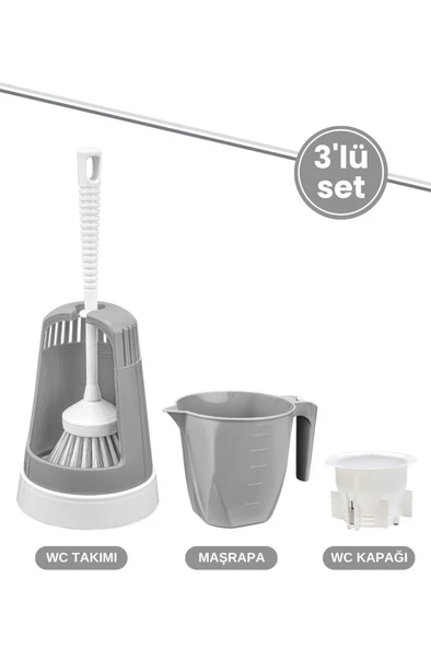 3’lü WC Tuvalet Temzilk Seti, Klasik WC Fırça Takımı + Maşrapa 1,5 Lt + Sessiz WC Kapağı Seti GRİ ürün görseli 1