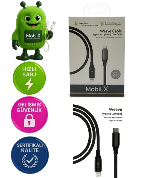 30W Type-C to Lightning Örgülü Şarj Kablosu – Dijital Ekranlı | Model: MU-07 ürün görseli 1
