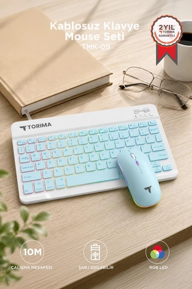 Kablosuz Klavye Mouse Seti Rgb Işıklı Şarj Edilebilir TMK09 Mavi ürün görseli 1