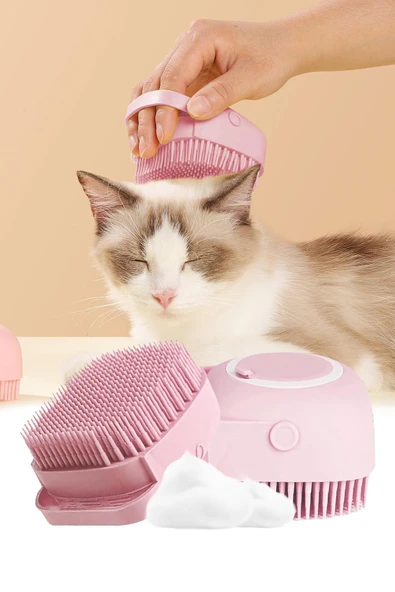 Şampuan Hazneli Kedi Ve Köpek Evcil Hayvan Yıkama Fırçası Silikon Pembe ürün görseli 1