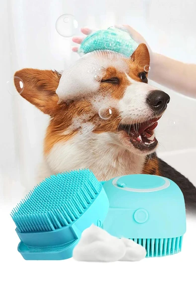 Şampuan Hazneli Kedi Ve Köpek Evcil Hayvan Yıkama Fırçası Silikon Mavi ürün görseli 1