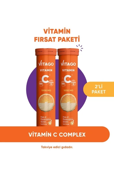 Vitago 2'li- C Vitamini, D Vitamini, Çinko 20'li Efervesan Tablet ürün görseli 1