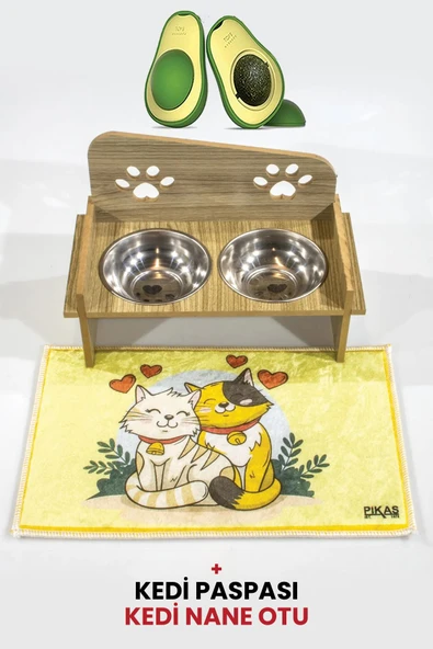 İsme Özel Pati Mama Kabı 2 Kaseli Kedi Köpek Suluk Mamalık, Paspas ve  Avokado Kedi Nanesi Hediye ürün görseli 1