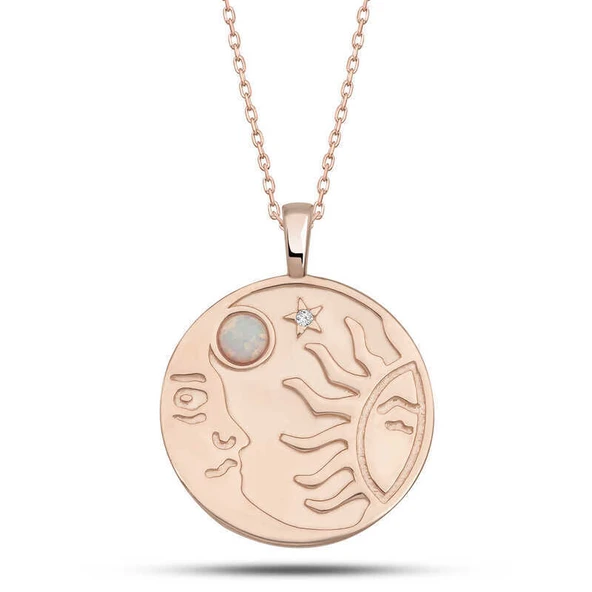 Gümüş Rose Opal Beyaz Taşlı Ay Güneş Kadın Kolye ürün görseli 1