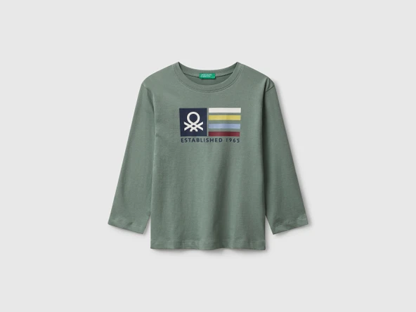 Erkek Bebek Haki Organik Pamuklu Önü Logo Baskılı Uzun Kollu Jarse T-shirt ürün görseli 1