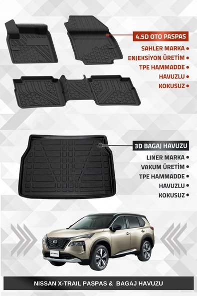 Sahler Nissan X-Trail Benzinli 2022+ Uyumlu 4.5D Premium Havuzlu Oto Paspas ve Liner Marka 3D Bagaj Havuzu ürün görseli 1