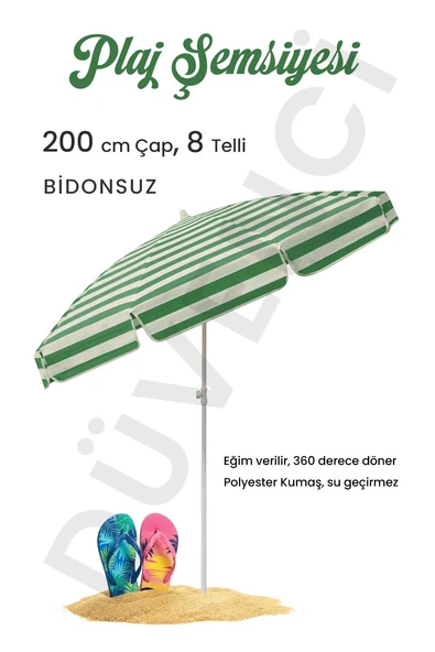 Plaj Şemsiyesi 200 CM Çap Yeşil Beyaz 8 Telli Eğim Verilir BİDONSUZ ve rosie hediye ürün görseli 1
