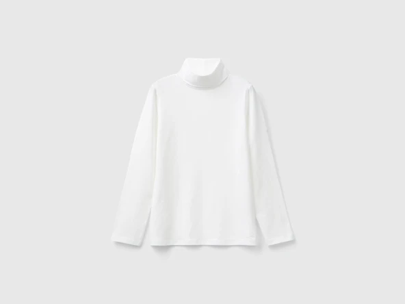 Kız Çocuk Ekru Balıkçı Yaka Basic T-Shirt ürün görseli 1