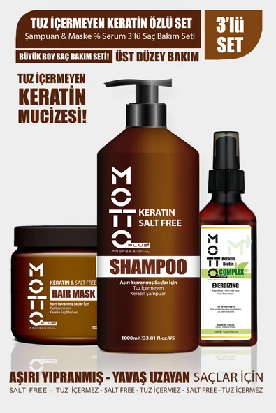 Motto Plus Professional Yavaş Uzayan-Aşırı Yıpranmış Saçlar İçin Tuzsuz Keratinli 3'lü Saç Bakım Seti (Şampuan-Maske-Serum) ürün görseli 1