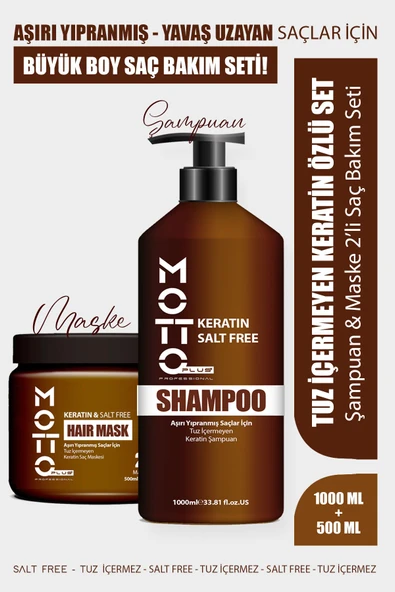 Motto Plus Professional Yavaş Uzayan - Aşırı Yıpranmış Saçlar İçin Tuzsuz Keratinli 2'li Saç Bakım Seti (Şampuan - Maske) ürün görseli 1