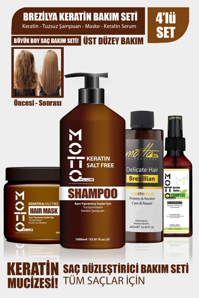 Motto Plus Professional 4'Lü Brezilya Fönü Şampuan Keratin Saç Düzleştirici Botox Bakım Seti (KERATİN-ŞAMPUAN-MASKE-SERUM) ürün görseli 1