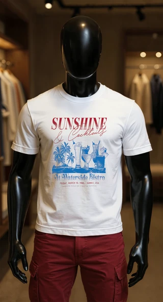 Erkek Beyaz Relaxed Fit %100 Pamuk Tişört – ''Sunshine & Cocktails'' Vintage Plaj Baskılı ürün görseli 1