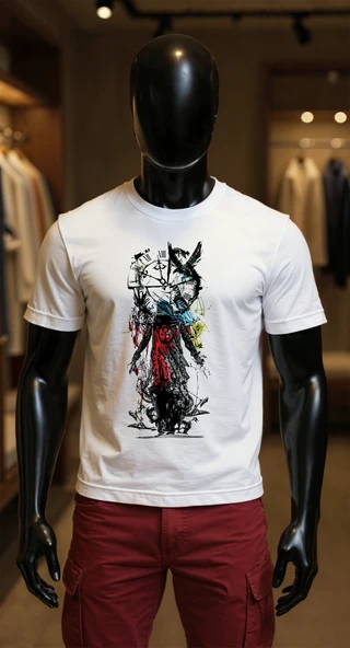 Erkek Beyaz Relaxed Fit %100 Pamuk Tişört – Dikey Soyut Karakalem & Renkli Drip Baskılı ürün görseli 1