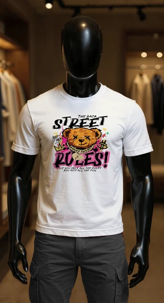 Erkek Beyaz Relaxed Fit %100 Pamuk Tişört – Graffiti Teddy & “Street Rules” Baskılı ürün görseli 1