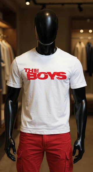Erkek Beyaz Relaxed Fit %100 Pamuk Tişört – Kırmızı Distressed ''THE BOYS'' Yazılı Ön Baskı ürün görseli 1