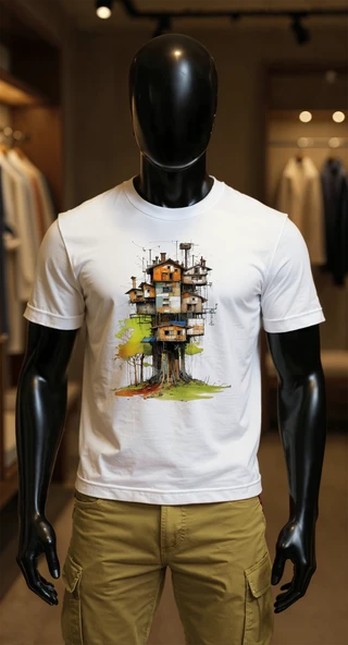 Erkek Beyaz Relaxed Fit %100 Pamuk Tişört – Suluboya Ağaç Ev (Treehouse) Baskılı ürün görseli 1