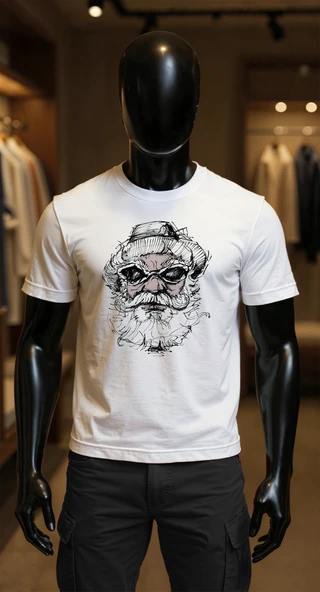 Erkek Beyaz Relaxed Fit %100 Pamuk Tişört – Mürekkep Çizgili Sakallı Adam & Gözlük Baskılı ürün görseli 1