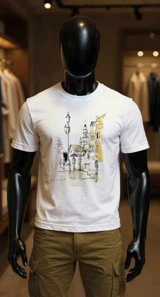 Erkek Beyaz Relaxed Fit %100 Pamuk Tişört – Suluboya Sokak & Lamba İllüstrasyonu Baskılı ürün görseli 1