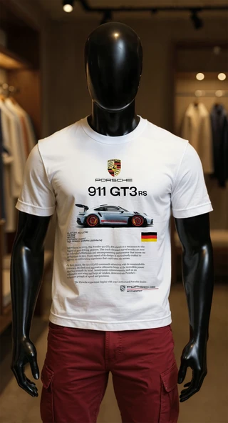 Erkek Beyaz Relaxed Fit %100 Pamuk Tişört – 911 GT3 RS Grafik + Sırt Teknik Baskılı ürün görseli 1