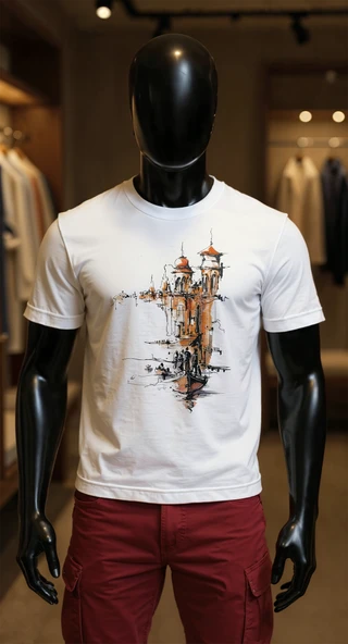 Erkek Beyaz Relaxed Fit %100 Pamuk Tişört – Dikey Watercolor Kanal ve Gondol İllüstrasyonu ürün görseli 1