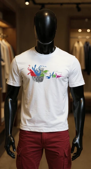 Erkek Beyaz Relaxed Fit %100 Pamuk Tişört – Renkli Holi Drip & Suluboya Splash Baskılı ürün görseli 1