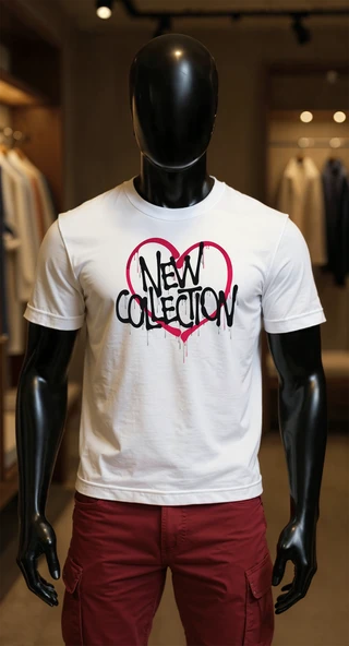 Erkek Beyaz Relaxed Fit %100 Pamuk Tişört – Grafiti ''NEW COLLECTION'' Kalp Baskılı ürün görseli 1