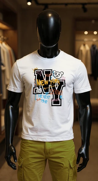 Erkek Beyaz Relaxed Fit %100 Pamuk Tişört – New York Graffiti & Karikatür Baskılı ürün görseli 1