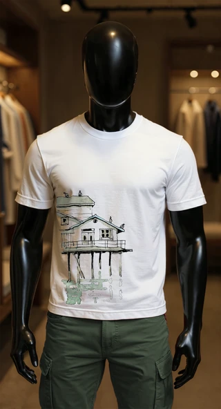 Erkek Beyaz Relaxed Fit %100 Pamuk Tişört – Suluboya Ev & İskeletli İllüstrasyonlu ürün görseli 1