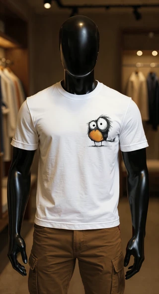 Erkek Beyaz Relaxed Fit %100 Pamuk Tişört – Ön Alt Karikatür Kuş Baskılı ürün görseli 1
