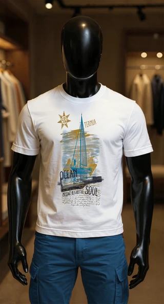Erkek Beyaz Relaxed Fit %100 Pamuk Tişört – ''Ocean Soul'' Yelkenli Baskılı ürün görseli 1
