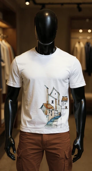 Erkek Beyaz Relaxed Fit %100 Pamuk Tişört – Suluboya Evler & Sokak İllüstrasyonu ürün görseli 1
