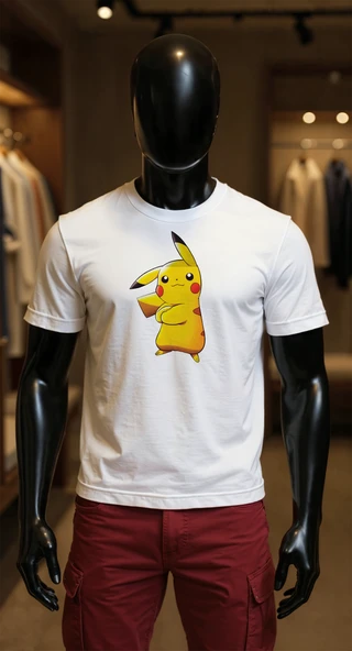 Erkek Beyaz Relaxed Fit %100 Pamuk Tişört – Pikachu Karikatür Büyük Ön Baskılı ürün görseli 1